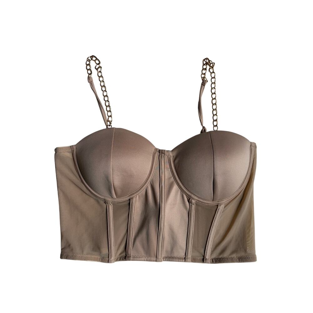 Say What Sheer Bustier Tank with Gold Chain Straps (Beige) - Large